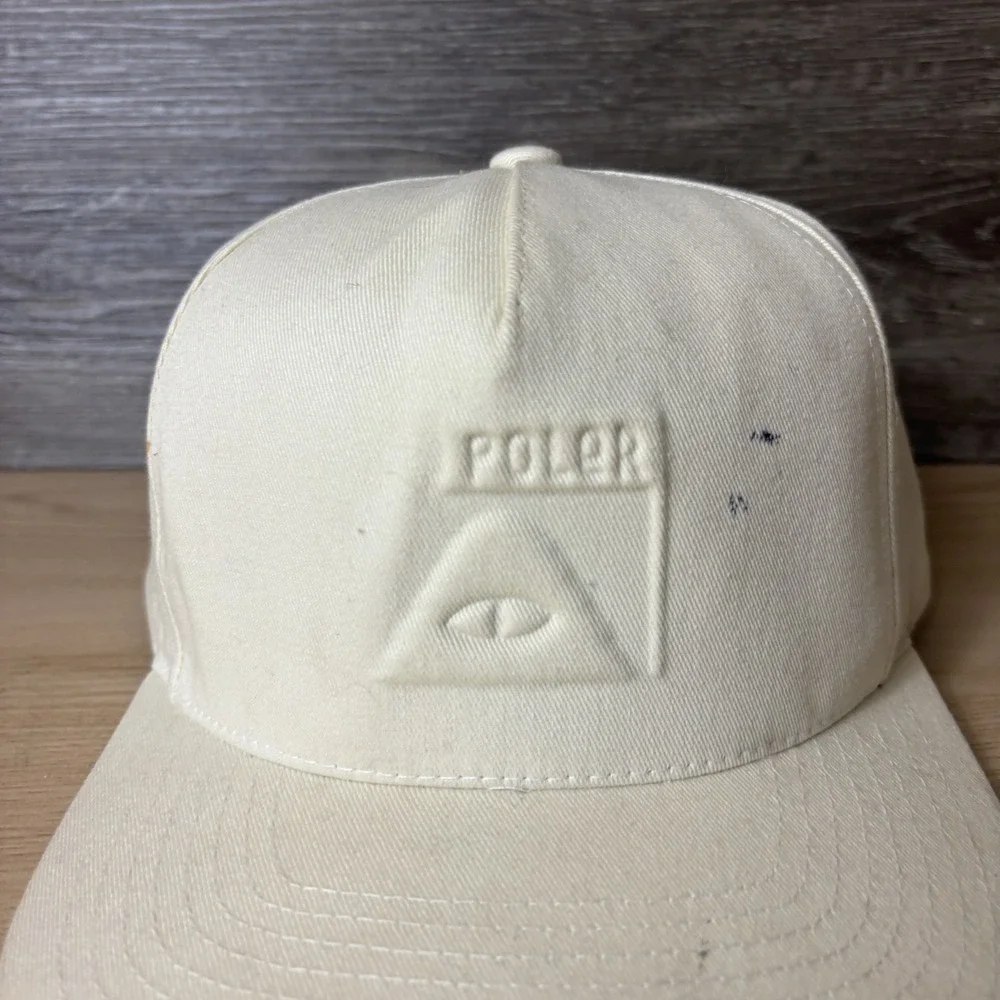 Poler Hat Cap Snap Back White Camp Vibes Embroidered Canvas Mens Faded Stains